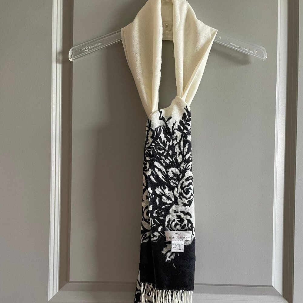 White Silk Scarf with Black Print – Classic Elegance